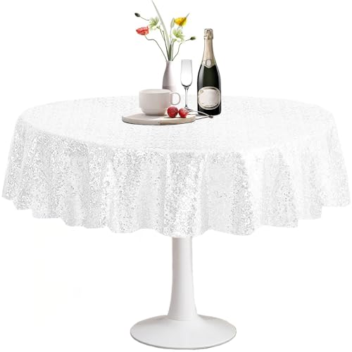 FYLEDAEE Christmas Tablecloth White Round 48 inch Glitter Shiny Table Cover for Wedding Birthday Baby Shower Holiday Event Party Dinners Candy Cake Food Table Decoration