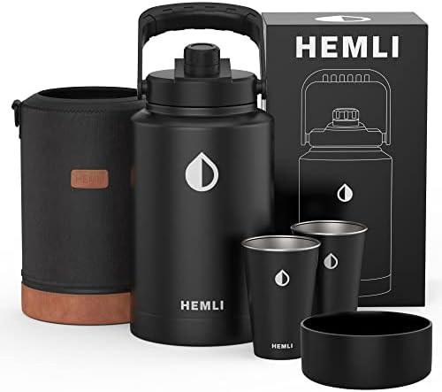 HEMLI One Gallon Water Bottle Insulated, 128 oz Insulated Stainless Steel Water Bottle, One Gallon Jug, Double-Walled Vacuum-Sealed Insulated Beer Growler, with Carrying Case