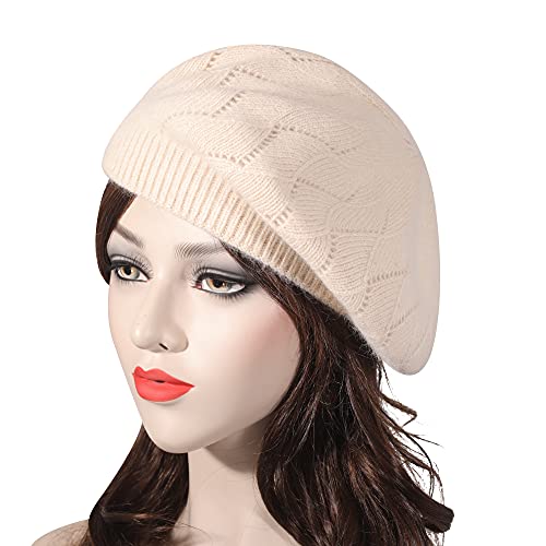 Zlyc French Beret Hat, Reversible Solid Color Cashmere Knit Warm Beret Cap For Womens Girls (Solid Cream White) #TOP1