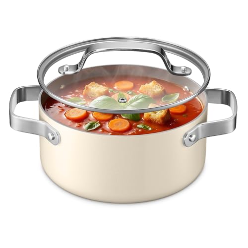 Bakken 3 Quart Ceramic Coated Stock Pot with Lid, Easy to Clean Nonstick Pot, Tempered Glass Lid, Riveted Stainless Steel Handles, Oven Safe Up To 500°F, PTFE & PFAS Free, All Stove Compatible, Cream
