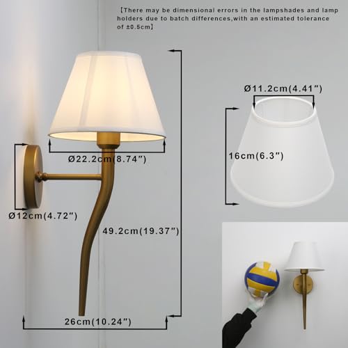 Image of Yosoan Brass Gold Retro Boho Fabric Stairwell Wall Sconce Set of 2, Vintage Vanity Beige Indoor Wall Mounted Hardwired Funnel White Cloth Fabric Shade for Bedroom Hallway Living Room(Antique)