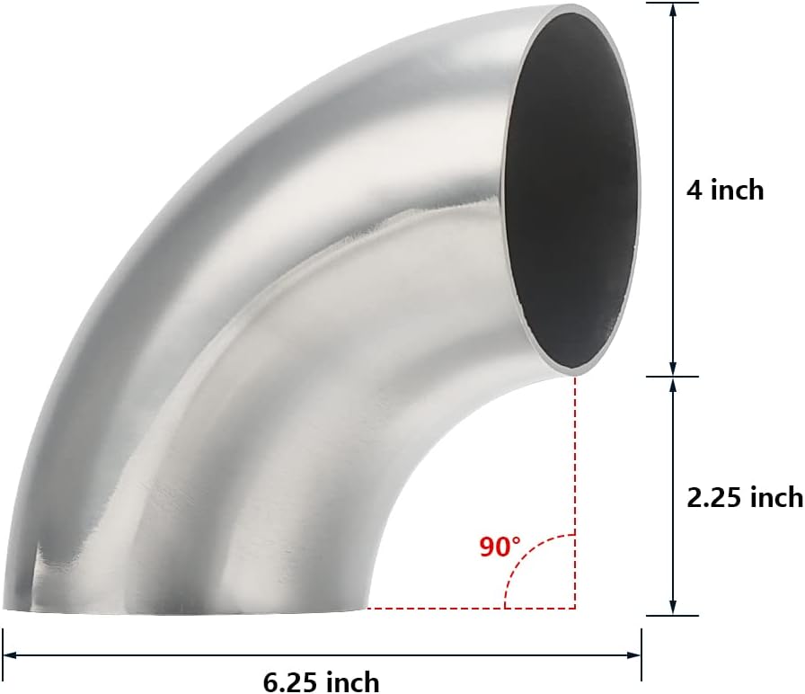 4 Inch 90°Mandrel Bend Elbow, 304 Stainless Steel Exhaust Pipe Elbow, Thickness 1.5mm Elbow Exhaust Tubing for Car Exhaust Modified Elbow Pipe, Stair Handrail, Pipe Turning