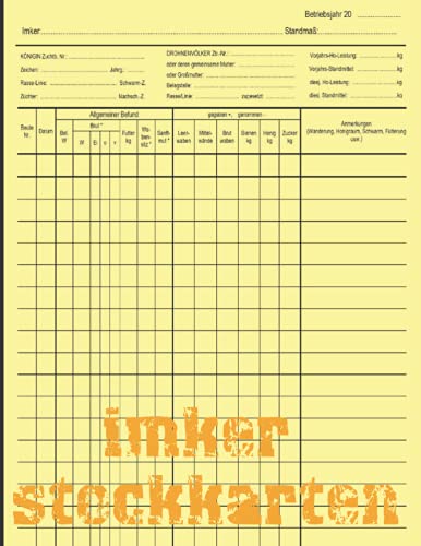 Imker Stockkarten: Stockkarten für Honigbienen: Bienenbuch mit Stockkarten zum Ausfüllen | Stockkartenbuch für die wichtigsten Beobachtungen imkerei ... Pages, 22 x 28xcm, Soft Cover, Matt Finish Imker Stockkarten: Stockkarten für Honigbienen: Bienenbuch mit Stockkarten zum Ausfüllen | Stockkartenbuch für die wichtigsten Beobachtungen imkerei ... Pages, 22 x 28xcm, Soft Cover, Matt Finish