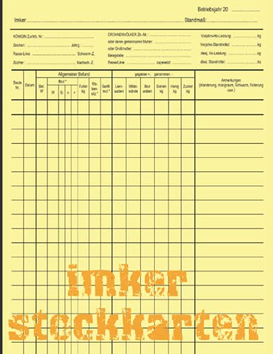 Imker Stockkarten: Stockkarten für Honigbienen: Bienenbuch mit Stockkarten zum Ausfüllen | Stockkartenbuch für die wichtigsten Beobachtungen imkerei ... Pages, 22 x 28xcm, Soft Cover, Matt Finish