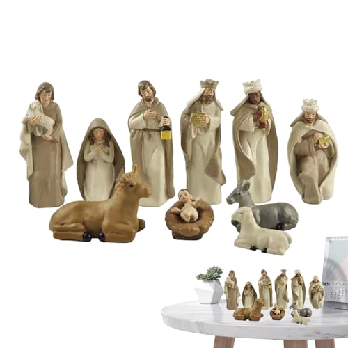 qokeeu Handmade Nativity Scene Birth Jesus Christ Wooden Stable House Sculpture Christmas Tabletop Scene Character Set Small Religious Christmas Decorations 10pcs Figures