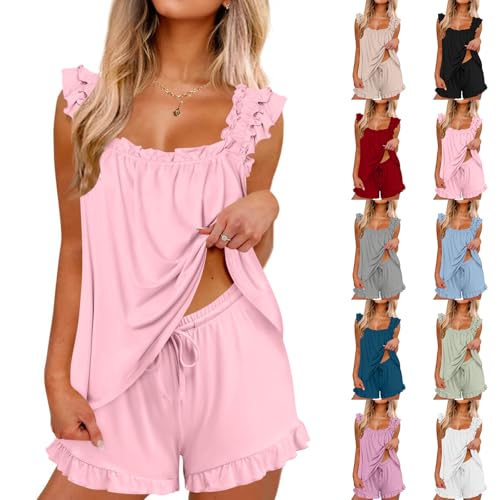 HAOLEI Pijama Mujer Verano Conjunto de Pijama Suave Ropa de Dormir 2 Piezas Damas Suave y Cómodo Ropa de Noche Camiseta Sin Mangas y Pantalones Cortos Ligero Transpirable Loungewear Traje de Casa