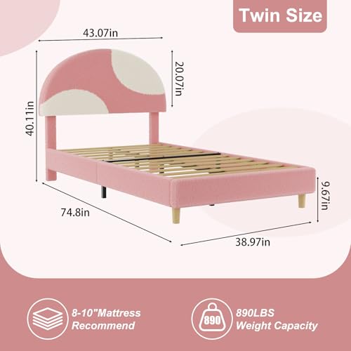 Garvee Twin Bed Frame with Round Boucle Headboard, Upholstered Arch-Shaped Design in Soft Pink & White, Modern Kids Wooden Slats Bed, No Box Spring Required & Easy Assembly by Garvee - Image 2