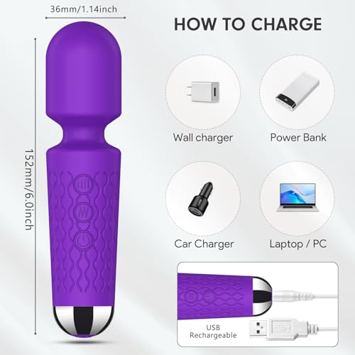 Image of Handheld Back Massager - Powerful Vibration Wand, Waterproof - Relieves Whole Body Muscle Tension and Promotes Relaxation. Features 20 Modes and 8 Speeds (Purple)