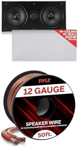 Pyle Ceiling Wall Mount Enclosed Speaker - 300 Watt Stereo in-Wall/in-Ceiling Flush Mounted Sound Speaker System White 50ft 12 Gauge Speaker Wire - Copper Cable in Spool