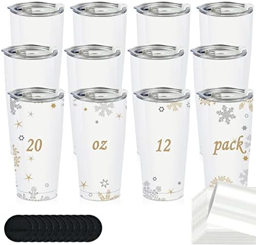 AiHeart 20oz Sublimation Stainless Steel CoffeeTumblers,Double Wall Vacuum Insulated Blanks Bulk Tumblers with Lid Silicone Coasters and Shrink Wrap Films,Travel Mug For Car Cup Racks(12pack)