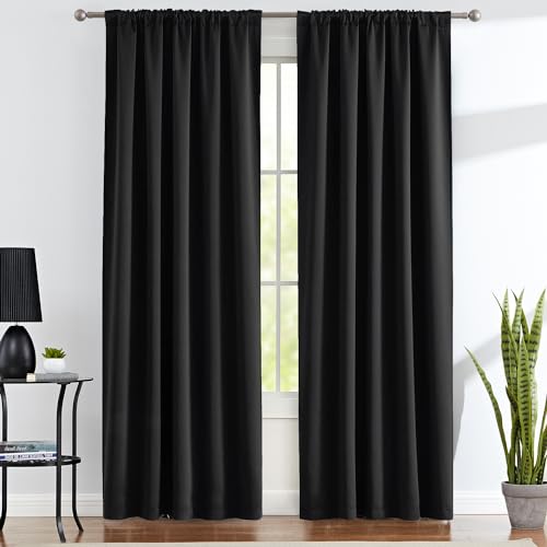 Abstractex Black Full Blackout Curtains 90 Inch Drop for Bedroom, Back Tab Curtain for Living Room Light Blocking Thermal Insulated Drapes Window Treatment 2 Panels, W52 x L90