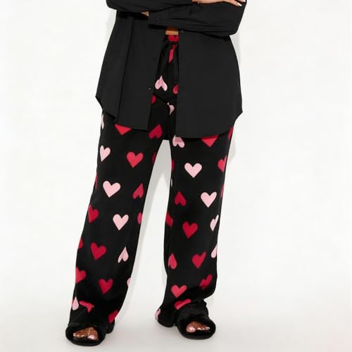 Image of Valentine's Day Flannel Pants Women's Romantic Heart Print Elastic Drawstring Waistband Wide Leg Loose Fit Trousers