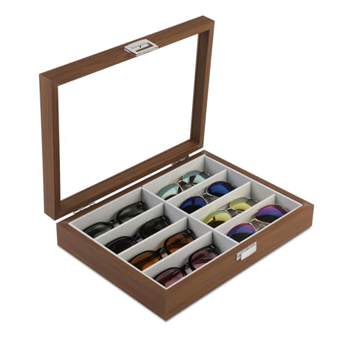 BAOJULONG Wooden Sunglasses Organizer Box with 8 Slots, Eyeglass Case Sunglass Storage Spectacle Holder, Cool Glasses Cases For Men and Women Gifts