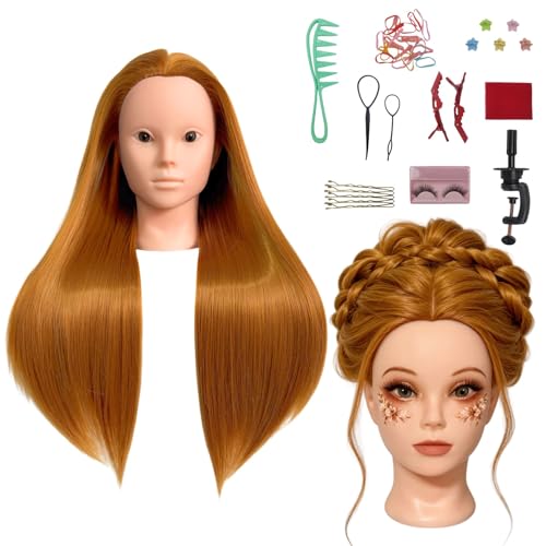 Makeup Mannequin Head with 26 Long Hair for Lashes Hair Styling & Cutting Cosmetology Practice Hair Training Doll Head