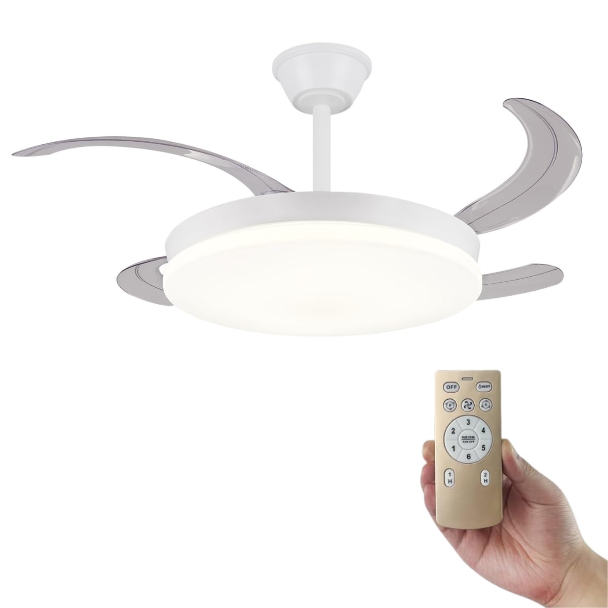 Ventilador de Techo Blanco con Luz LED Silencioso - Ventiladores Retractil con Tonos de Luz y Función Verano e Invierno - 30 W Motor DC con 4 Aspas