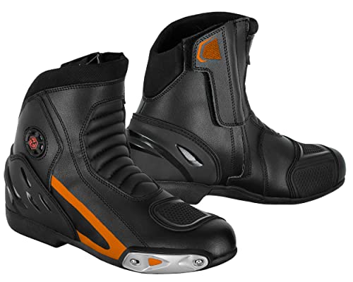 Vaster Moto Zapatos de moto de cuero para hombre, botas protectoras antideslizantes con soporte para el tobillo,CE Aprobado (Naranja, Sistema tallas calzado EU, Adulto, Números, mediano, 46)