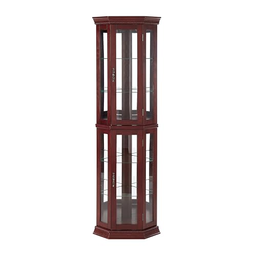 Lighted Display Cabinet Corner Curio Cabinet with Glass Doors,Wood Corner Curio Cabinet with Adjustable Shelves and Mirrored Back Panel,Curio Showcase Floor Stand Collection Art Display Case (Cherry)