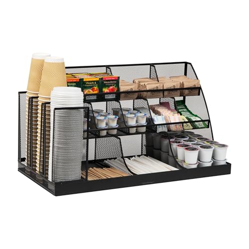 Mind Reader Cup and Condiment Station, Breakroom Countertop Organizer, 3-Tier Storage for Office Coffee Stations and Shared Spaces, Metal Mesh, Black by Mind Reader - Used condition - US$46.04