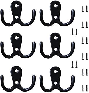 6 PCS Double Prong Coat Hook Dual Prong Robe Hooks with 16 PCS Screws Wall Mounted Door Hooks for Hanging Clothing Hat Towel Chrome Retro Cloth Hanger Black for Hanging in Bedroom Bathroom Kitchen