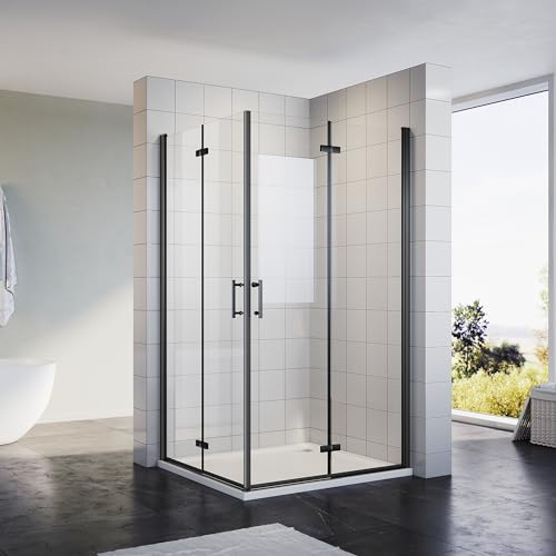 Sonni 90x100 cm Eckeinstieg Duschkabine Schwarzes Dusche Falttür 180º Duschwand Duschabtrennung Nano 6mm Glas Faltdusche Höhe 195 cm Drehfalttür