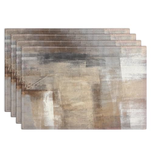 Emvency CZH24010901-YMCD4 Farmhouse Placemats Set Of 4, 12X18 Inch Modern Abstract White And Brown Art Painting Table Mats For Outdoor Home Party Kitchen Dining Decoration cover