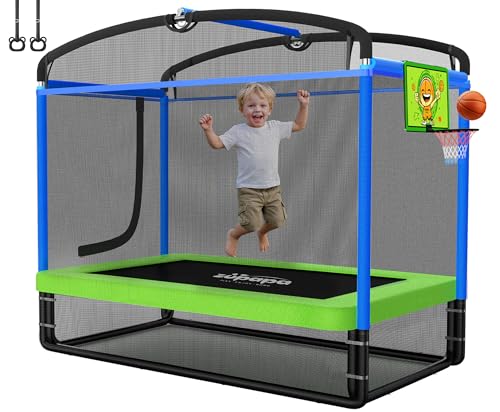 Zupapa 4X6FT Rectangle Trampoline with Basketball Hoop, and Safety Net - Indoor/Outdoor Kids Trampoline for Toddlers Ages 3-6, 220LBS Capacity, Heavy-Duty Galvanized Steel Frame
