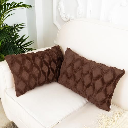 Faux Fur Plush Soft Brown Lumbar Throw Pillow Covers 12x20 Pack of 2