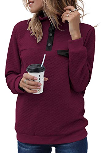 Btfbm Women Fashion Quilted Pattern Lightweight Zipper Long Sleeve Plain Casual Ladies Sweatshirts Pullovers Shirts Tops (Pure Wine Red, Small) #TOP25