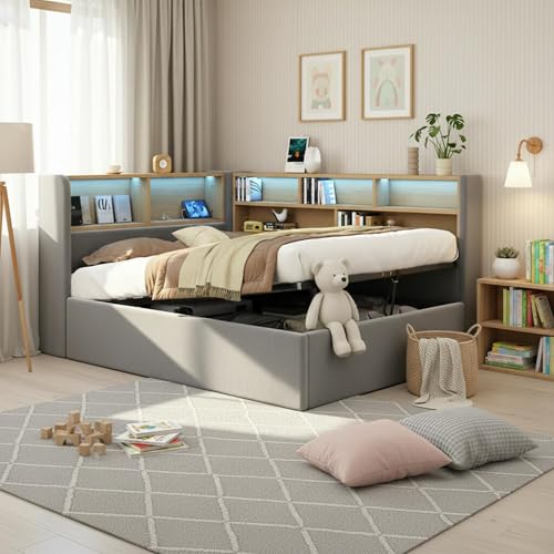 LTGB Daybed Sofa Bed with Storage, L-shaped Upholstered with Storage Compartment, Bookcase, LED Light, USB Charging Port, 3FT Single Bed 90x190cm, Hydraulic Storage Bed Frame, Velvet (Gray)