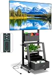 HELLSEHEN Rolling TV Stand with Power Outlet & 4-Tier Storage for 23"-60" Flat/Curved Screen up to 160lbs LCD/LED/OLED Adjustable Height Mobile TV Cart for Home Office Outdoor Max VESA 400x400mm Black