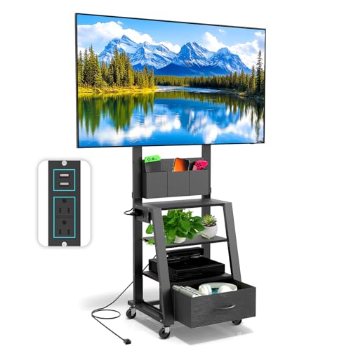 Image of Rolling TV Stand with Power Outlet & 4-Tier Storage for 23"-60" Flat/Curved Screen up to 160lbs LCD/LED/OLED Adjustable Height Mobile TV Cart for Home Office Outdoor Max VESA 400x400mm Black