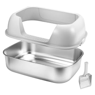 Stainless Steel Sifting Litter Box with Lid, Metal Litter Pan with Scoop for Big Cats Multi Cat, Extra Large Cats Litterbox Odor Control Easy Clean (22.8 * 16.1 * 6.5inch-Without Enclosure, X-Large)