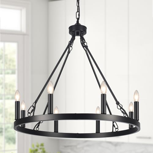 ASHUAQI Wagon Wheel Chandelier, 8-Light Black Chandelier Ceiling Lights Living Room, Rustic Modern Farmhouse Chandeliers Ceiling Light for Dining Room, Kitchen, Hallway, Bedroom, Hall