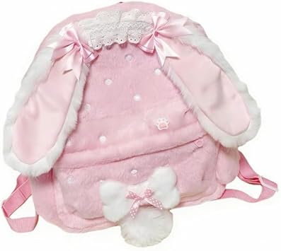 OATSBAS Womens Y2K Kawaii pink Plush Backpack Bunny and Cat Ear Bow Paw Print Wings Cute Fluffy Daypack Rabbit,One size