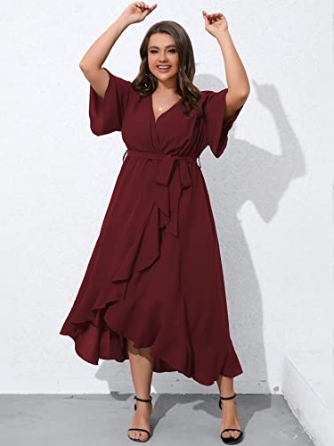 Scomchic Plus Size Wedding Guest Dresses For Women Short Sleeve Wrap V Neck Ruffle Burgundy Cocktail Maxi Dress 3Xl #TOP2