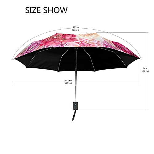 Generic Folding Umbrella Auto Open Compact Sun Rain Umbrellas Pink Floral Flowers Rose For Women Men Kids Travel Parasol Sun Uv Protection Windproof #TOP2