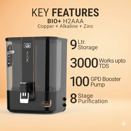 Image of Aqua V5 Zinc Copper Alkaline RO Water Purifier | 10 Liter Storage | RO + UV + UF + Zinc + Copper + Alkaline + TDS Control | 3000 TDS | Best For Home and Office (Mirror Black) (Black)