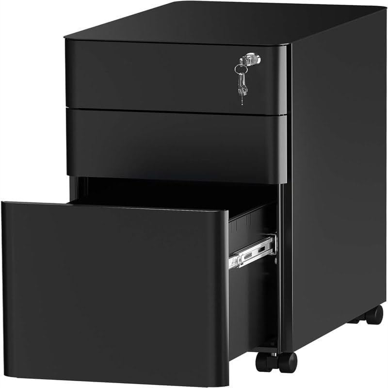Generic1 3-Drawer Slim File Cabinet with Lock, bottom drawer open, keys in lock.