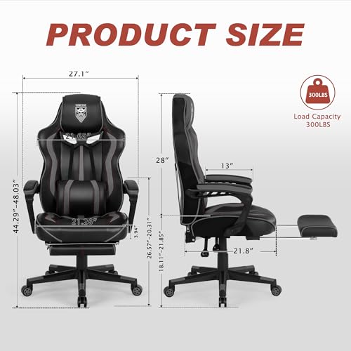 Vonesse Gaming Chair for Adults Gaming Chairs with Footrest Reclining Computer Gaming Chair for Heavy People Gamer Chair Big and Tall Ergonomic Racing Chair with Lumbar Pillow(Gray/Black) - Image 4