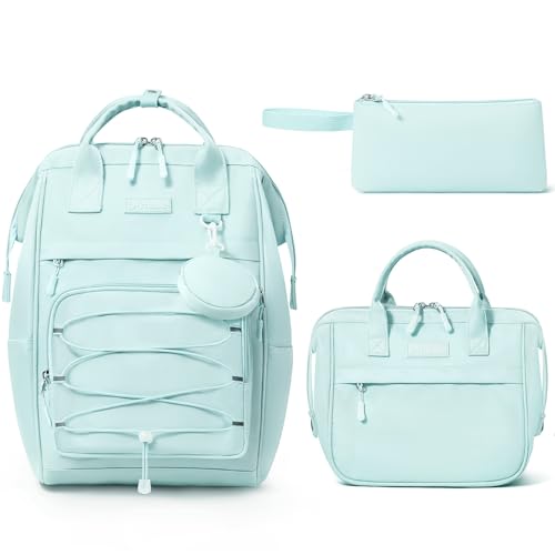 Fimibuke 4-in-1 Kids Backpack Set for Girls, Waterproof School Backpack with Lunch Box, Pencil Case & Earphone Bag, Mint Green, 16L, 15.6