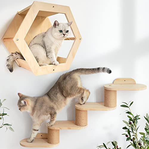 Cat Shelves Cat Wall Shelf and Cat Ladder of 4 Level, Cat Houses Condos for Activity Indoor Cats Furniture Wall Mounted Cat Wall Steps Set with Hexagon Nest Perches 2 PCS Set