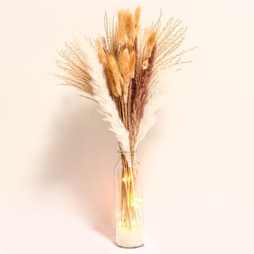 60PCS of Boho Pampas Grass in Glass Vase with LED