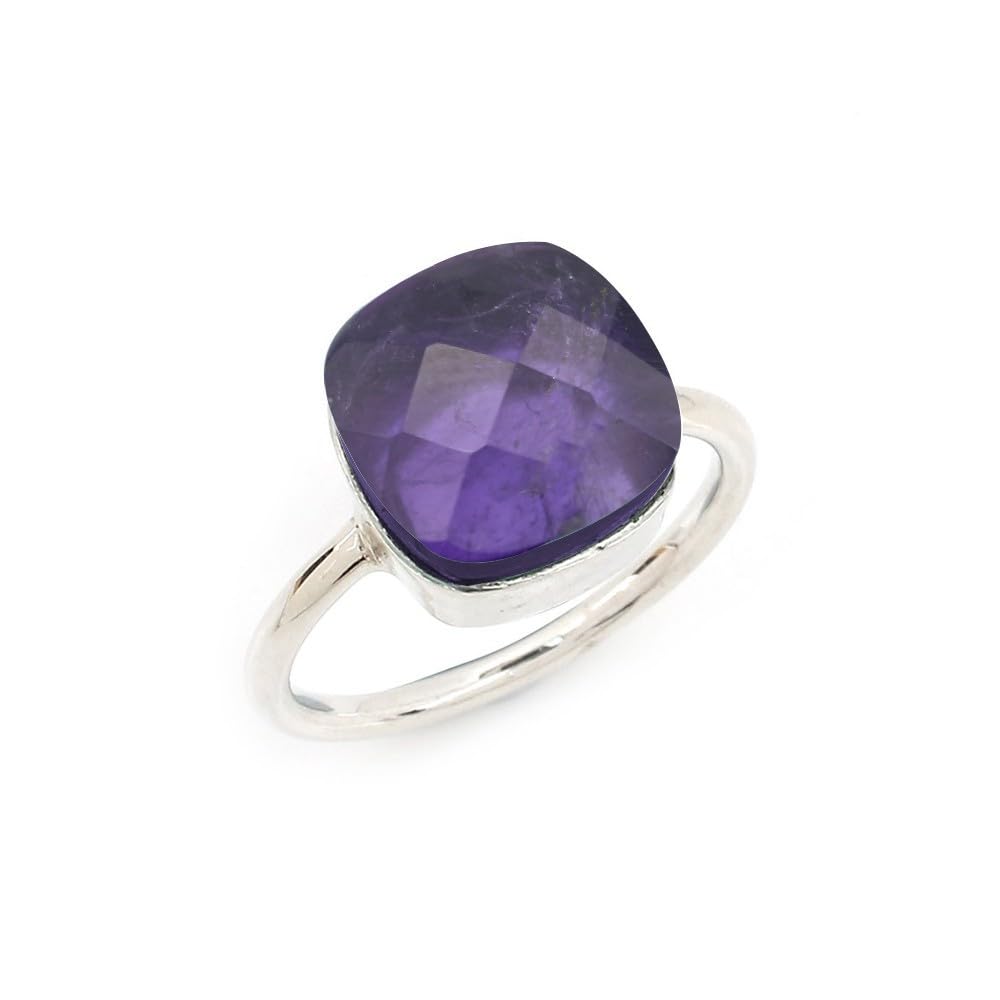 925 Sterling Silver Ring For Womens Natural Amethyst Ring Sterling Silver Art Deco Ring February Birthstone Checkerboard Cushion Gemstone Ring