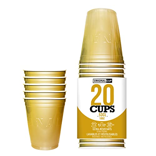 Pack de x20 Original Gold Cups Officiels | Gobelets Américains 53cl Dorés Or | Beer Pong | Qualité Premium | Gobelets en Plastique Réutilisables | Lavables Main et Lave-Vaisselle | OriginalCup®