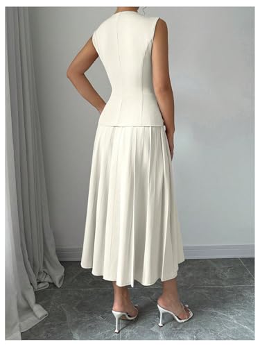 Milumia Women's 2 Piece Outfit Dressy Button Down Sleeveless Blazer Vest and Pleated Long Skirt Set Casual Suit3