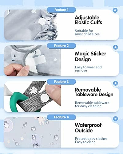 MOXTOYU Coverall Baby Bib with Sleeve, Waterproof Long Sleeve Bib with Matching Toddler Cutlery, Easy to Clean Baby Apron with Elastic Cuffs, Firmly Attaches to High Chair, for 6 Months to 3 Years Old