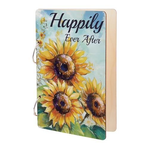 SUPERDANT Sunflower Greeting Card Organizer Happily Ever After Wooden Card Keeper Binder Greeting Cards Storage Cards Holder Book Postcard Album 2-Rings Cover Gift for Wedding Birthday