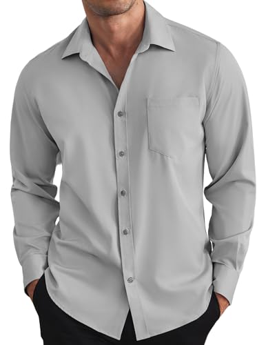 COOFANDY Camisa Hombre Casual Camisas Manga Larga Elástica Lisa con Bolsillo Camisas Formal Shirt Traje Camisa de Negocios Gris Claro L