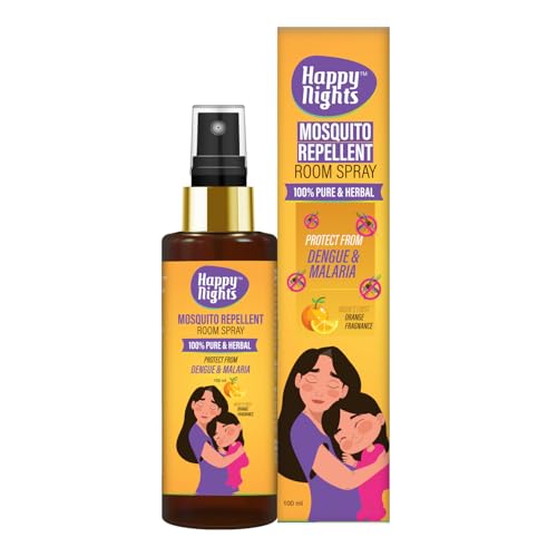 Image of Happy Nights Herbal Mosquito Repellent Room Spray | Orange Fragrance | Effective Protection from Mosquito | Anti Mosquito Spray for Room | Safe for Babies & Pets | 100ml (Pack of 1)