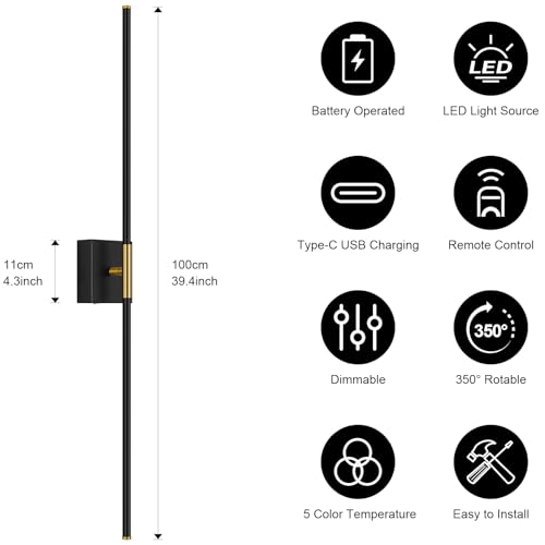 Image of Battery Operated Wall Sconce Set of Two with Remote Control, 3000K-6000K Dimmable Black Gold Wall Lights, Timable LED Wireless Wall Sconces, 350 Ratate for Bathroom, Living Room, 39.4 Inch